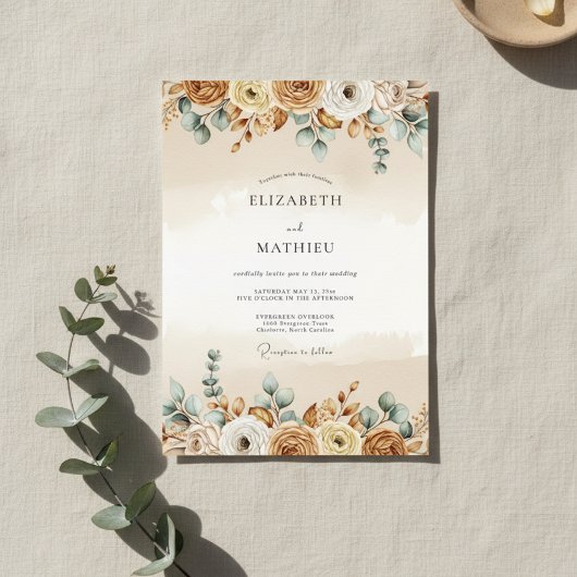 Invitation Mariage Fleurie Brun Rustique