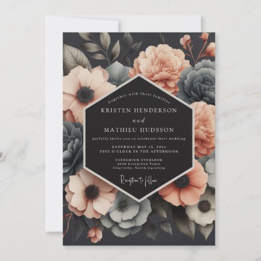 Invitation Mariage Fleurie Charbon & Corail aux Tons Assourdi (Devant)