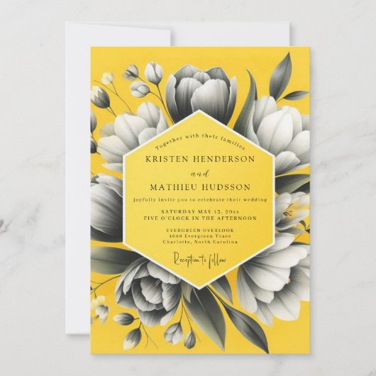 Invitation Mariage Fleurie Charbon Jaune (Devant)