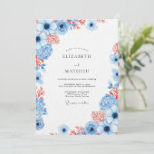 Invitation Mariage Fleurie Corail Bleu Poussiéreux (Debout devant)