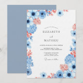 Invitation Mariage Fleurie Corail Bleu Poussiéreux (Devant / Derrière)