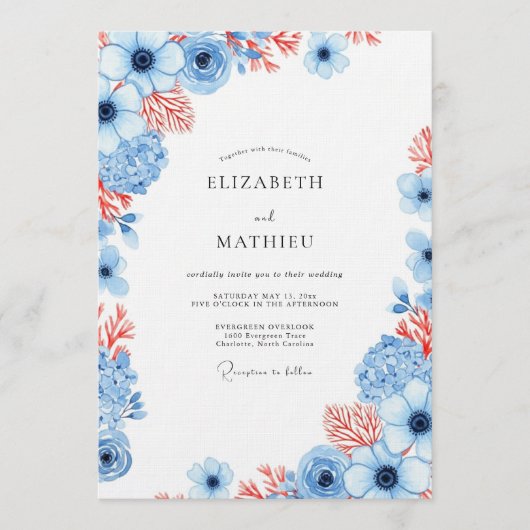 Invitation Mariage Fleurie Corail Bleu Poussiéreux (Devant)