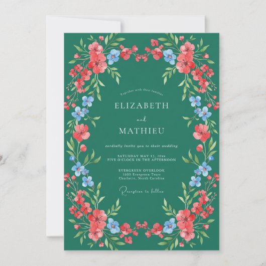Invitation Mariage Fleurie Corail Émeraude (Devant)