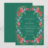 Invitation Mariage Fleurie Corail Émeraude (Devant / Derrière)