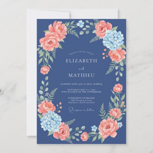Invitation Mariage Fleurie Corail Navy (Devant)