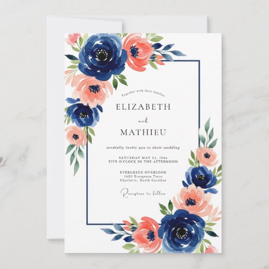 Invitation Mariage Fleurie Corail Navy (Devant)