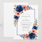Invitation Mariage Fleurie Corail Navy (Devant / Derrière)