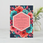 Invitation Mariage Fleurie Corail Sarcelle (Debout devant)