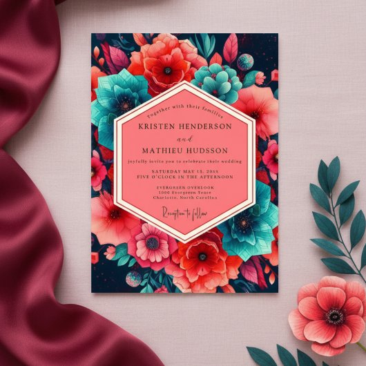 Invitation Mariage Fleurie Corail Sarcelle