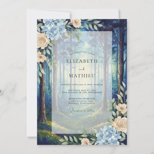 Invitation Mariage Fleurie de Bois Profond Bleu (Devant)