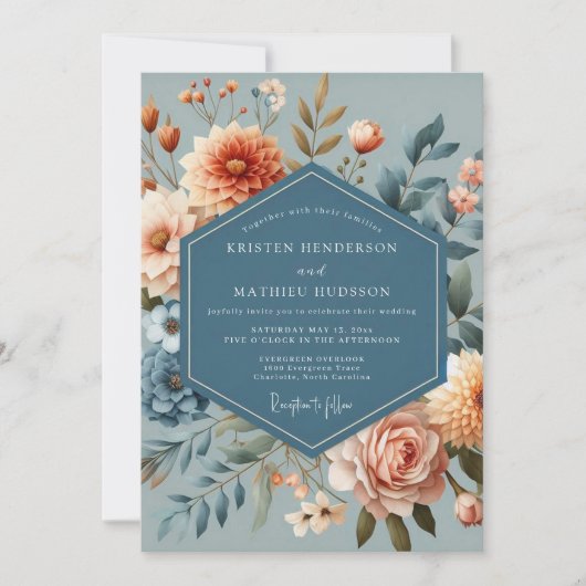 Invitation Mariage Fleurie de Corail Bleu Ardoise (Devant)