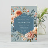 Invitation Mariage Fleurie de Corail Bleu Ardoise (Debout devant)