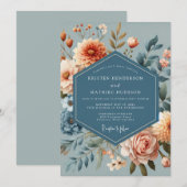 Invitation Mariage Fleurie de Corail Bleu Ardoise (Devant / Derrière)