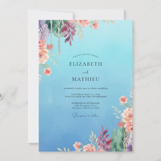 Invitation Mariage Fleurie de Corail Bleuet (Devant)
