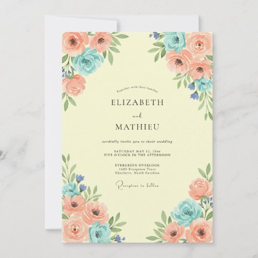 Invitation Mariage Fleurie de Corail Pêche (Devant)