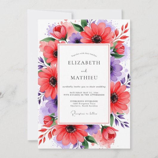 Invitation Mariage Fleurie de Corail Pourpre (Devant)