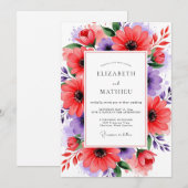 Invitation Mariage Fleurie de Corail Pourpre (Devant / Derrière)