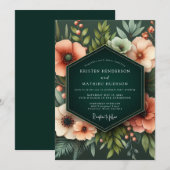 Invitation Mariage Fleurie de Corail Verdoyant (Devant / Derrière)