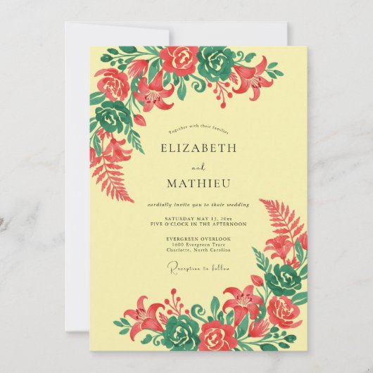 Invitation Mariage Fleurie de Corail Vert (Devant)