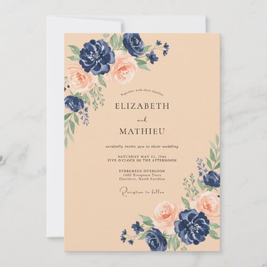 Invitation Mariage Fleurie de Pêche Navy Bloom (Devant)