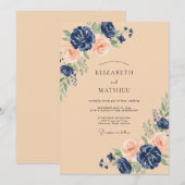 Invitation Mariage Fleurie de Pêche Navy Bloom (Devant / Derrière)