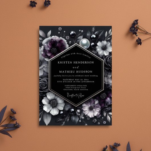 Invitation Mariage Fleurie de Prune Profonde