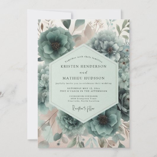 Invitation Mariage Fleurie de Teinte Cyan (Devant)