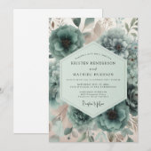 Invitation Mariage Fleurie de Teinte Cyan (Devant / Derrière)