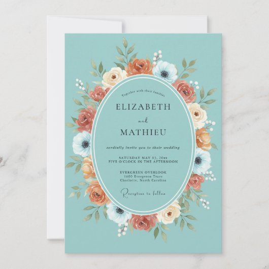 Invitation Mariage Fleurie de Teinte Cyan (Devant)