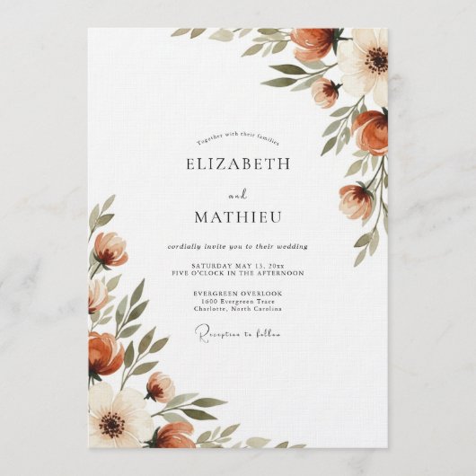 Invitation Mariage Fleurie de Teinte Orange Brûlée (Devant)