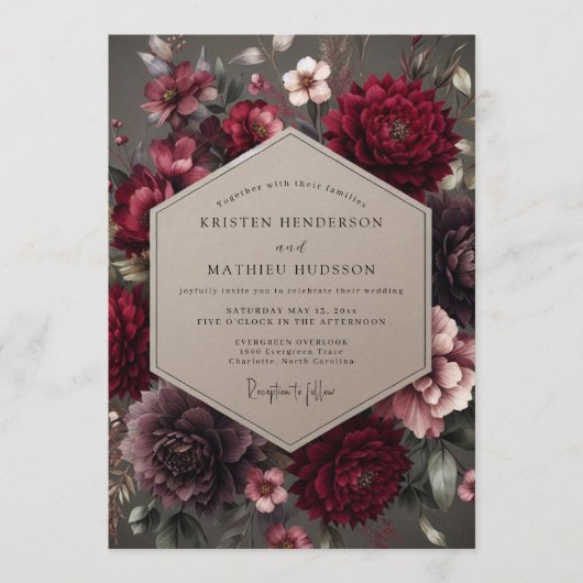 Invitation Mariage Fleurie de Velours Grenat (Devant)