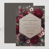 Invitation Mariage Fleurie de Velours Grenat (Devant / Derrière)