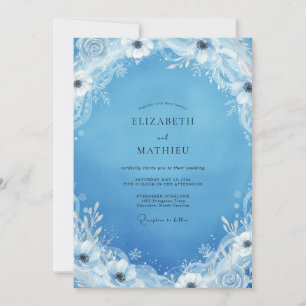 Invitation Mariage Fleurie d'Hiver Bleu Ciel