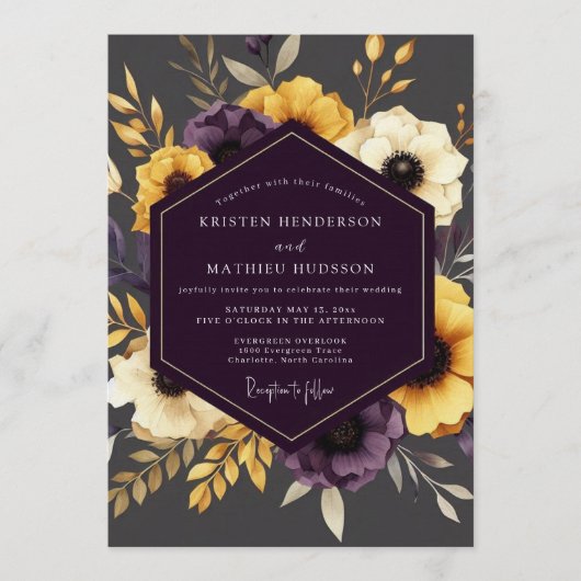 Invitation Mariage Fleurie Dorée de Prune (Devant)