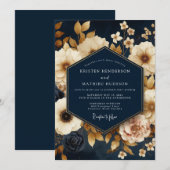 Invitation Mariage Fleurie Dorée et Nuit (Devant / Derrière)