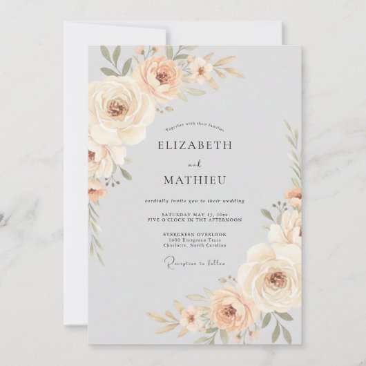 Invitation Mariage Fleurie Douce Pêche (Devant)