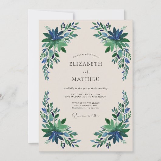 Invitation Mariage Fleurie Émeraude Bleu (Devant)
