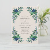 Invitation Mariage Fleurie Émeraude Bleu (Debout devant)