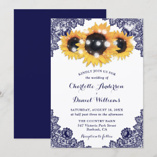 Invitation Mariage Fleurie en Dentelle de Tournesol Bleu Mari