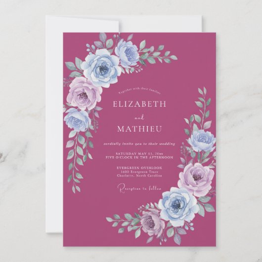 Invitation Mariage Fleurie Ethéré de Prune (Devant)