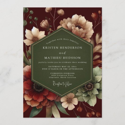 Invitation Mariage Fleurie Forêt Carmin (Devant)
