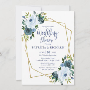 Invitation Mariage Fleurie Géométrique Doré Bleu Poussiéreux