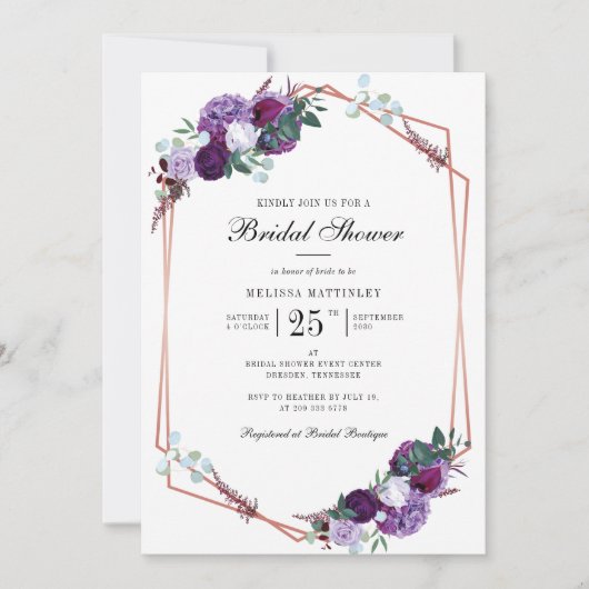 Invitation Mariage Fleurie Géométrique Script Violet (Devant)