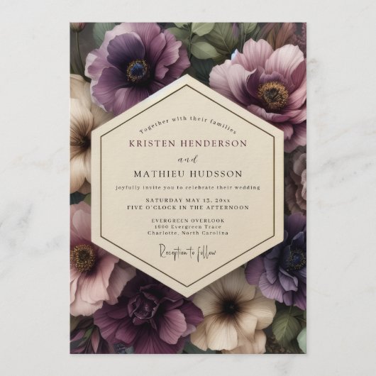Invitation Mariage Fleurie Gothique aux Prunes (Devant)