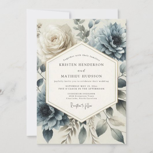 Invitation Mariage Fleurie Héritage Bleu Ardoise (Devant)