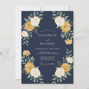 Invitation Mariage Fleurie Jaune Navy