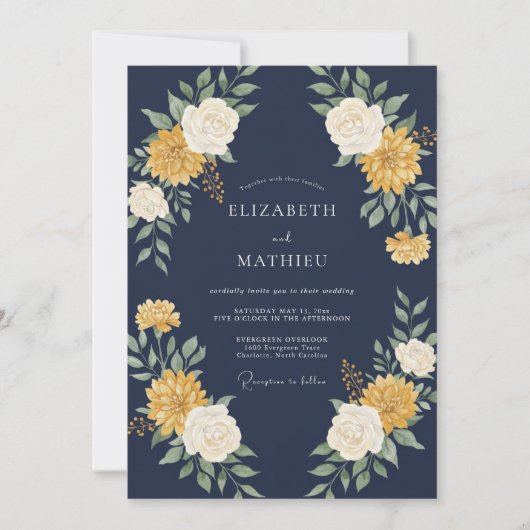 Invitation Mariage Fleurie Jaune Navy (Devant)