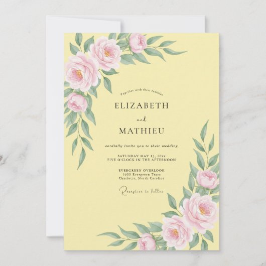 Invitation Mariage Fleurie Jaune Pâle Douce (Devant)