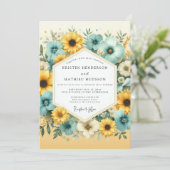 Invitation Mariage Fleurie Jaune Turquoise (Debout devant)