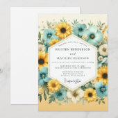 Invitation Mariage Fleurie Jaune Turquoise (Devant / Derrière)
